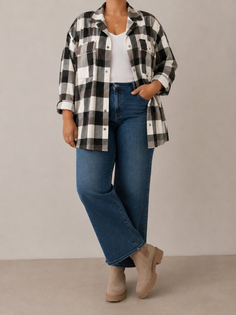 Free People Izzie Cargo Plaid Flannel Oversized Shirt Black White, Size XL (NWT)